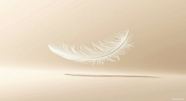 HD Wallpaper for Windows 10 with a lone white feather floating in mid air on a beige background, exuding simplicity and elegance.