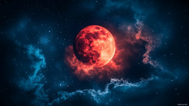 HD wallpaper with a vivid red moon in a night sky.