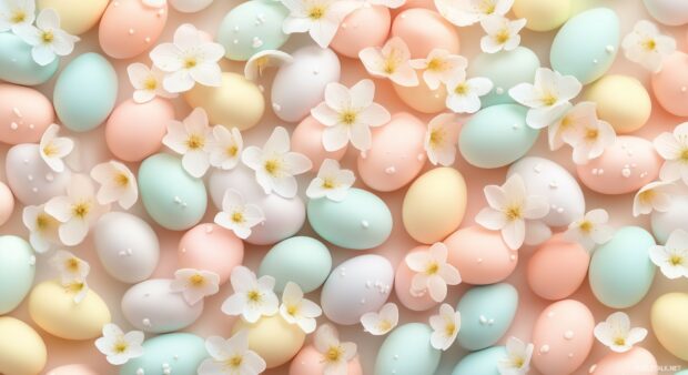 Happy Easter Image with a subtle repeating pattern of soft pastel colored eggs and small flowers arranged in tiles (2).