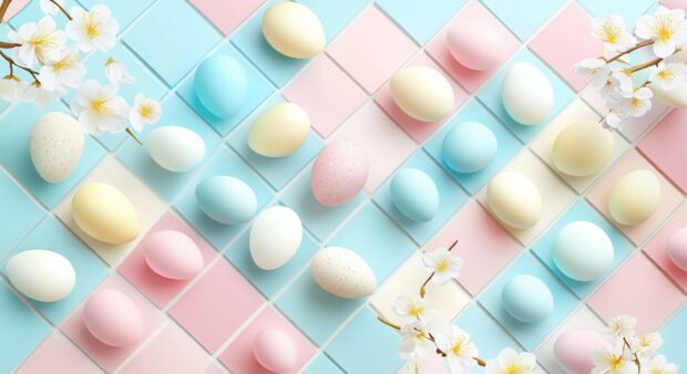 Happy Easter Image with a subtle repeating pattern of soft pastel colored eggs and small flowers arranged in tiles.