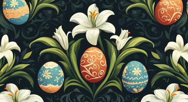 Happy Easter Image with a symmetrical pattern of soft Easter lilies and decorated eggs arranged in a seamless tile design.