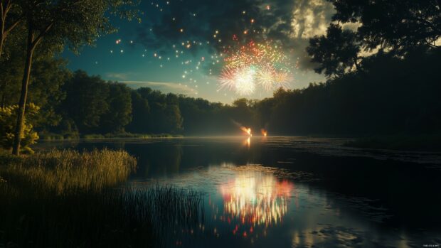 Happy New Year 2025 4K Wallpaper with fireworks reflecting over a tranquil lake in the middle of a quiet forest, colorful bursts of red, blue, and green filling the night sky.