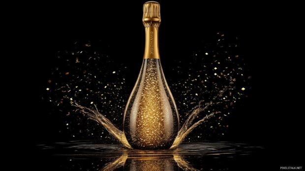 Happy New Year 2025 HD wallpaper with golden champagne bottle with cork popping and golden sparkling liquid splashing in the air.