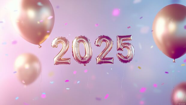 Happy New Year 4K desktop wallpaper with floating golden balloons spelling 2025 with shiny metallic textures, surrounded by colorful confetti and glowing sparkles.