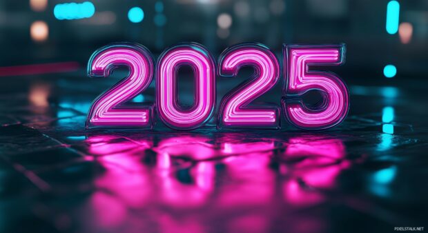 Happy New Year Desktop Wallpaper with glowing neon 2025 text in bright blue and pink neon lights.