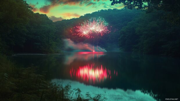 Happy New Year Fireworks reflecting over a tranquil lake in the middle of a quiet forest, colorful bursts of red, blue, and green filling the night sky.