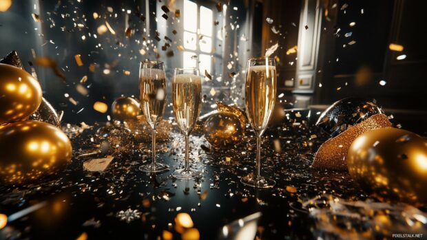 Happy New Year holiday party scene with festive table decor including champagne glasses, golden party hats, confetti, and balloons.