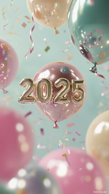 Happy New Year iPhone wallpaper with Floating 3D balloons spelling out 2025 in metallic gold, silver, and rose gold colors, surrounded by colorful confetti.