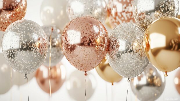 Happy New Year made from shiny metallic balloons with gold, silver, and rose gold textures, floating in the air.