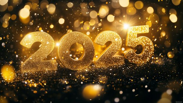 Happy New Year wallaper 4K with golden 2025 numerals glowing brightly against a black background, surrounded by shimmering confetti, glowing sparkles, and soft golden bokeh lights.