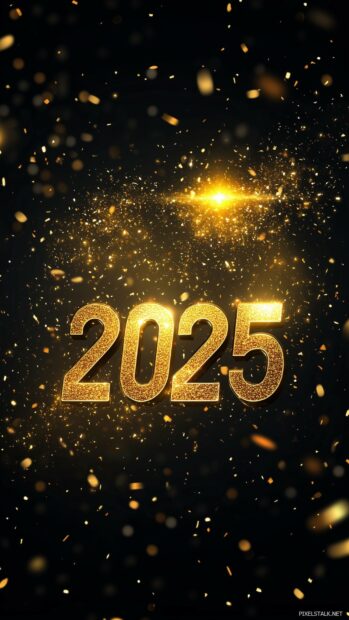 Happy New Year wallpaper with 3D Golden 2025 numerals glowing brightly on a black background.