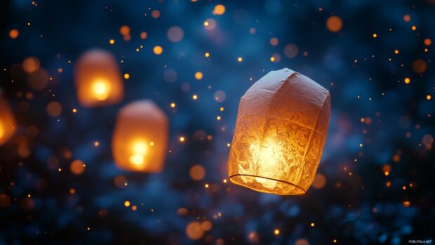 Happy New Year wallpaper with glowing lanterns floating in a night sky with soft golden light illuminating the air, lanterns drifting upwards into a sea of stars.