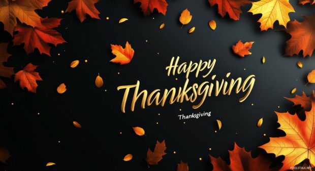 Happy Thanksgiving in elegant serif typography, set against a deep, rich background adorned with subtle golden accents and falling leaves.