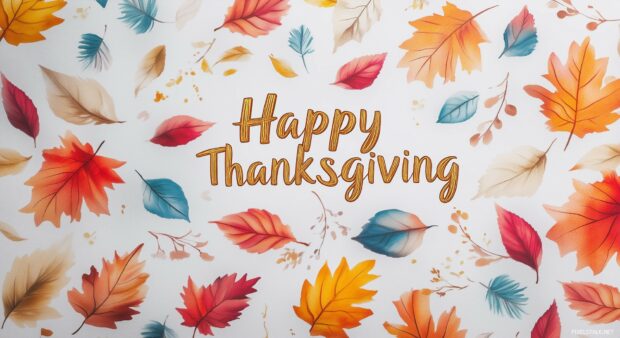 Happy Thanksgiving message in gold foil lettering, surrounded by delicate watercolor autumn leaves on a soft, neutral background.