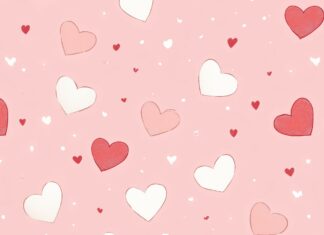 Happy Valentine Day Background with a seamless pattern of small white and red hearts on a soft pink background, clean and modern aesthetic.