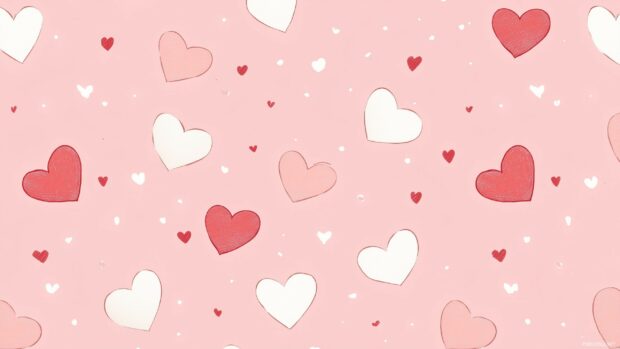 Happy Valentine Day Background with a seamless pattern of small white and red hearts on a soft pink background, clean and modern aesthetic.