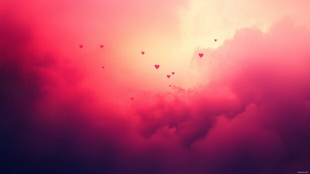 Happy Valentine Day Desktop Background with a glowing pink and red gradient background with small floating hearts fading into the edges, soft and dreamy atmosphere.