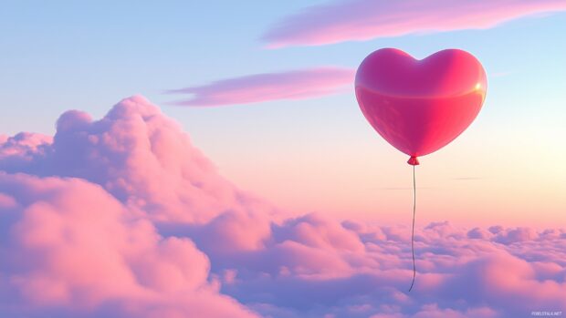 Happy Valentine Day Desktop Background with a simple heart shaped balloon floating in a pastel pink sky, minimalistic clouds in the background.