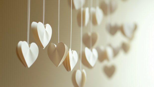 Happy Valentine Day Desktop Wallpaper with delicate paper hearts hanging by thin strings against a neutral background, soft shadows adding depth, simple and charming.