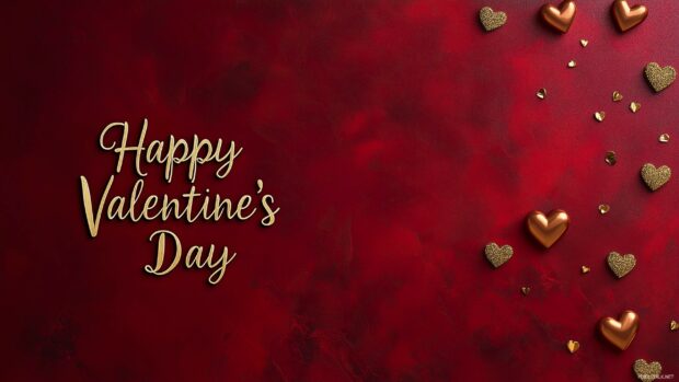 Happy Valentines Day message in elegant script over a dark red velvet textured background.