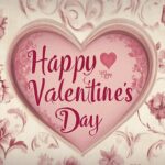 Happy Valentines Day text on a vintage parchment style background with elegant floral motifs in muted pink and cream tones.