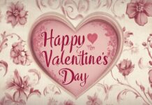 Happy Valentines Day text on a vintage parchment style background with elegant floral motifs in muted pink and cream tones.