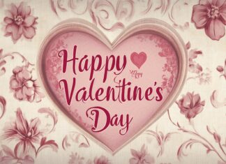 Happy Valentines Day text on a vintage parchment style background with elegant floral motifs in muted pink and cream tones.