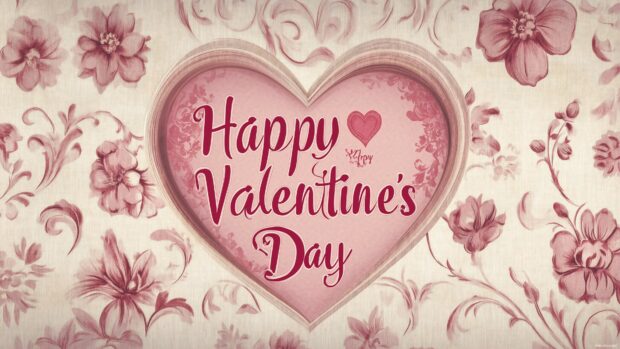 Happy Valentines Day text on a vintage parchment style background with elegant floral motifs in muted pink and cream tones.