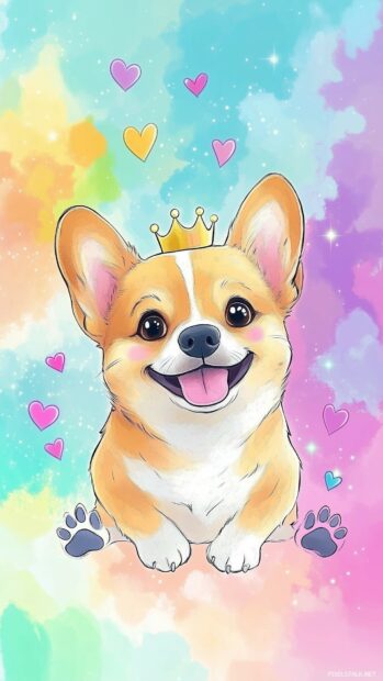 Happy cartoon Dog Wallpaper with rosy cheeks and a tiny crown, surrounded by hearts, sparkles, and paw prints, with a pastel rainbow in the background.