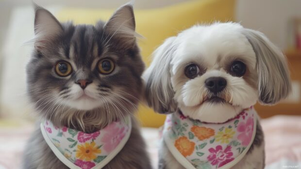 Happy cat and dog duo wearing matching bandanas, posing for a photo.