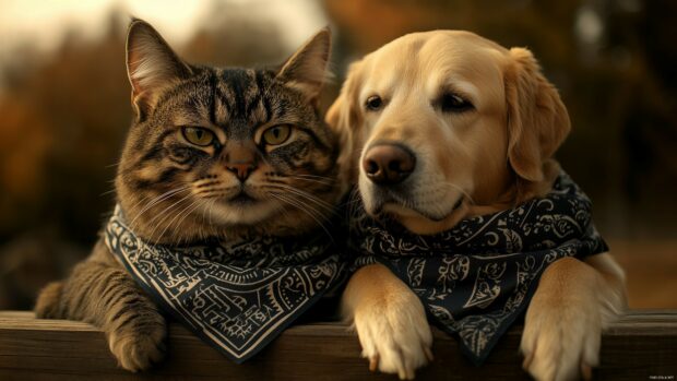 Happy cat and dog duo wearing matching bandanas, posing for a photo.