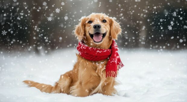 Happy dog playing in the snow with a red scarf and snowflakes gently falling around.