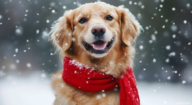 Happy dog playing in the snow with a red scarf and snowflakes gently falling around.