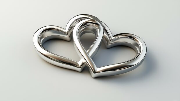 Heart 3D Wallpaper 4K with Two interlocking hearts in silver on a clean white background.