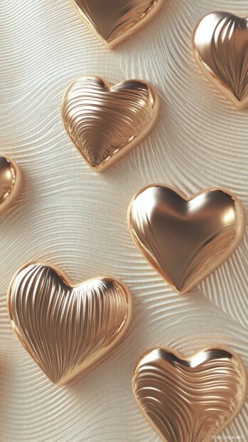 Heart 3D iPhone background with Glossy hearts in a metallic finish, forming a grid like pattern across the wallpaper, matte beige background.