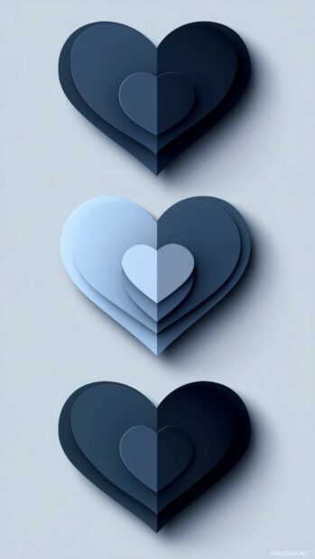 Heart 3D iPhone wallpaper with Abstract geometric hearts in different tones of blue, arranged symmetrically on a light gray background.