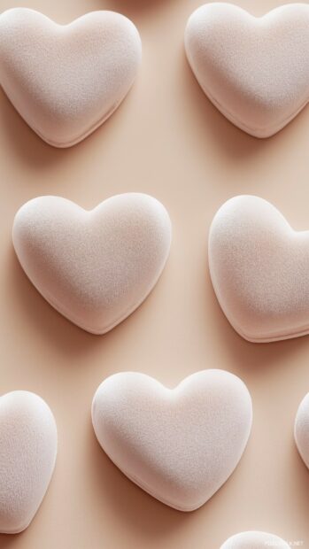 Heart 3D iPhone wallpaper with Softly textured velvet hearts, creating a repeating pattern on a pale peach background.