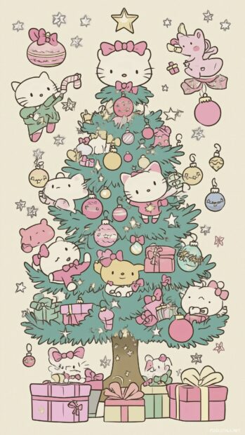 Hello Kitty and her friends decorating a Christmas tree, arranged in a symmetrical pattern with ornaments and presents in pastel tones.