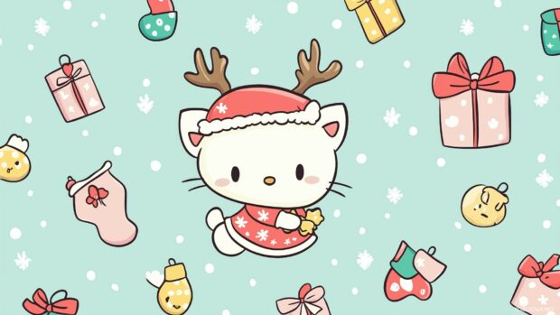 Hello Kitty dressed as a reindeer, scattered in a cute grid layout with small Christmas stockings and presents.