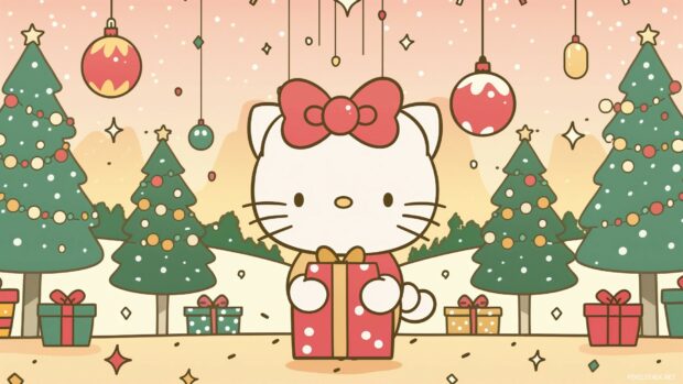 Hello Kitty holding a Christmas present, surrounded by Christmas trees and ornaments.