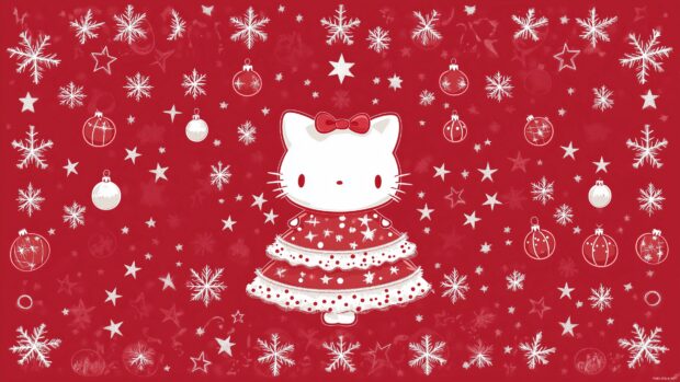 Hello Kitty with a Christmas tree, surrounded by tiny stars and ornaments, arranged in a neat.