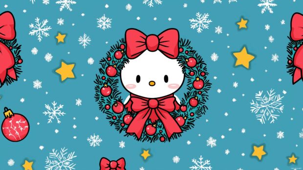 Hello Kitty with a Christmas wreath, alternating with tiny snowflakes and stars in a clean, minimalistic style.