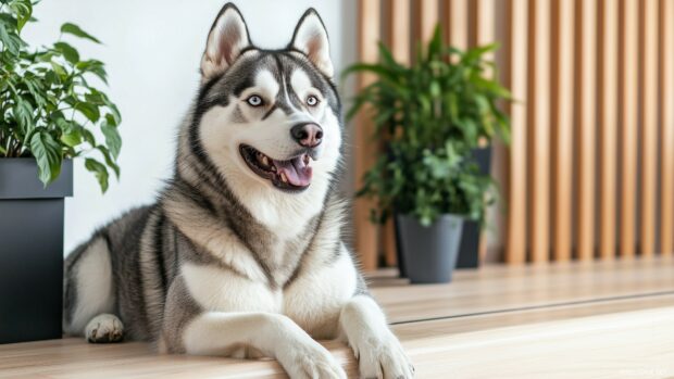 Husky dog in a chic, modern space with a softly lit, elegant background and minimalistic decor.