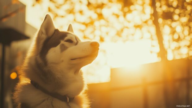 Husky dog in a serene, elegant setting with a blurred, neutral toned backdrop and soft lighting.