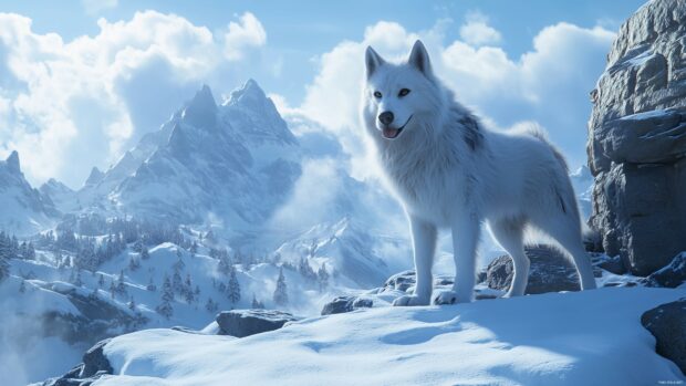 Husky dog in a snowy mountain scene with dramatic lighting and a clear, blue sky.