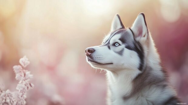 Husky dog on a smooth, pastel colored background with subtle textures and a refined atmosphere.