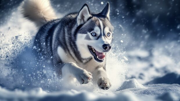 Husky dog running through a snowy landscape with dynamic motion and crisp details.