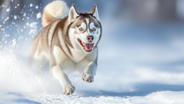 Husky dog running through a snowy landscape with dynamic motion and crisp details.