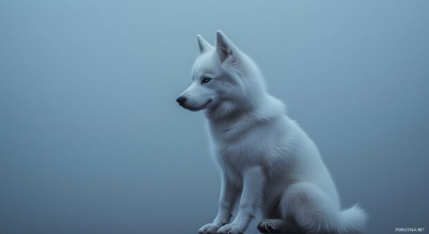 Husky dog sitting gracefully on a soft, light gray background with minimalistic design elements.