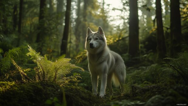 Husky dog standing proudly in a lush forest.